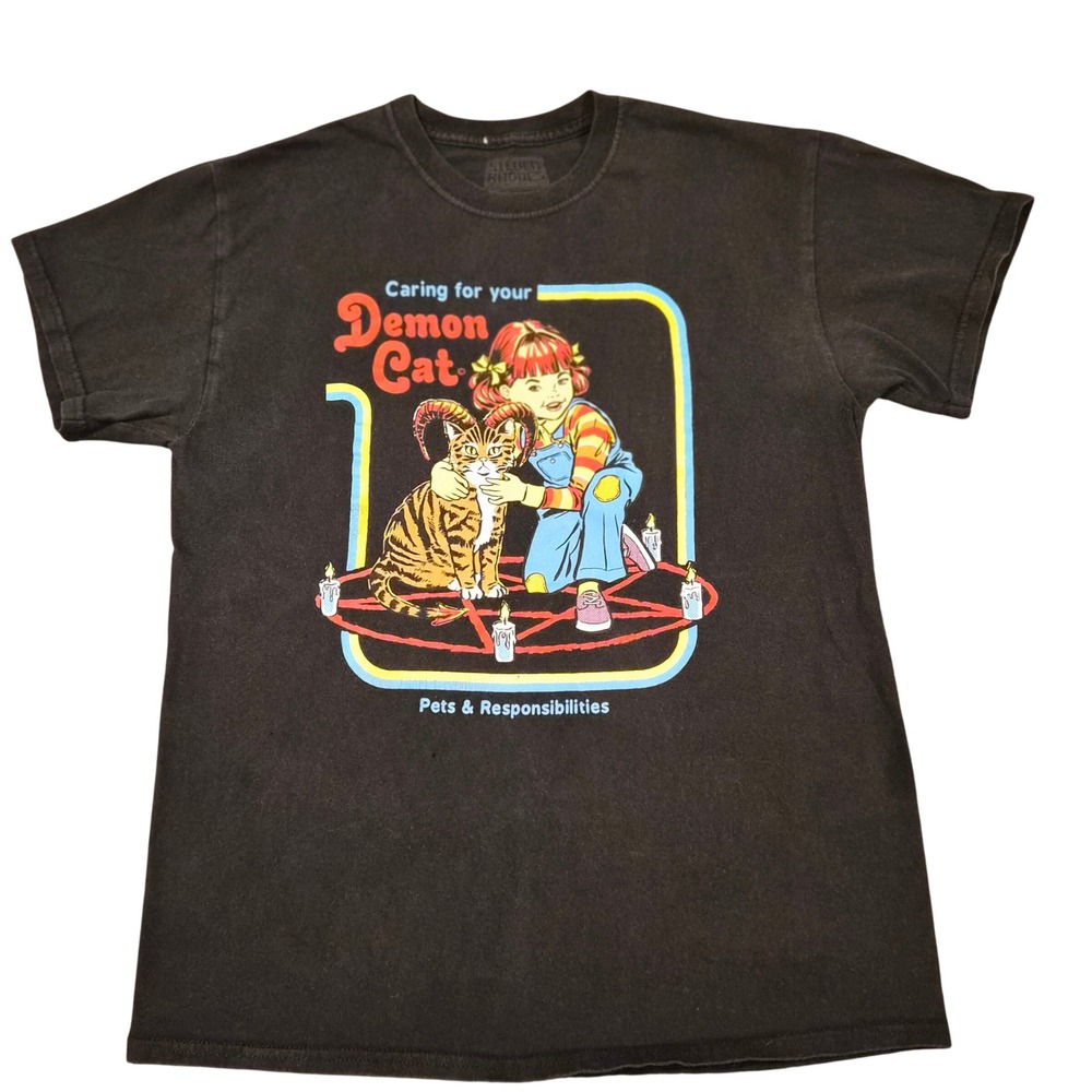 Steven Rhodes Caring for your Demon Cat Black Graphic T-Shirt Mens Medium